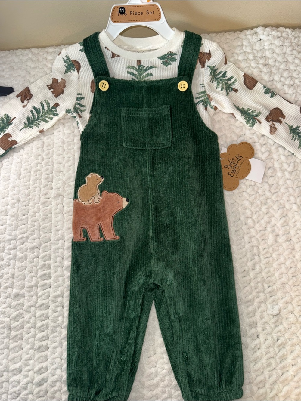 Forest Green Corduroy Bear Appliqué Overalls for Kids